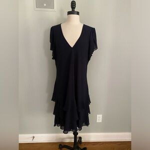 Ralph Lauren navy dress with ruffles hem and tulip sleeves. EUC